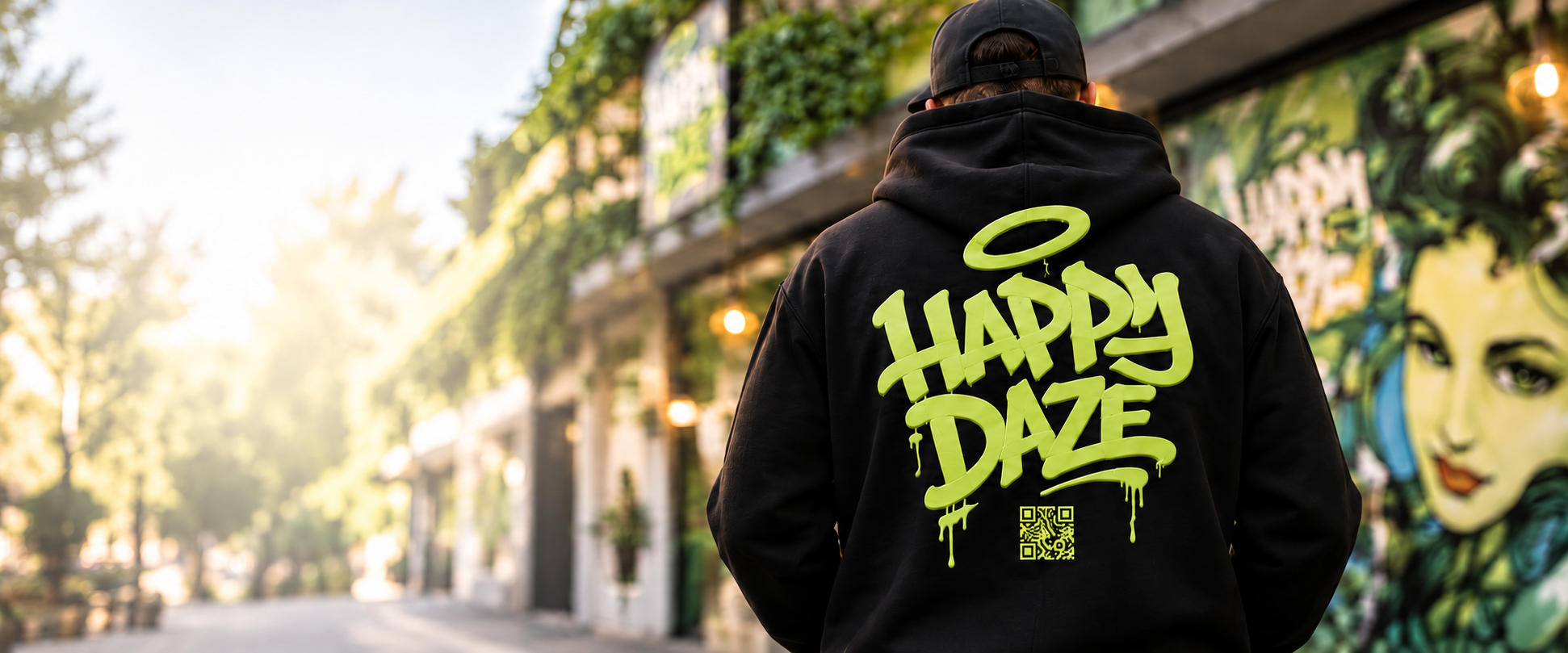 Happy Daze brand artwork: black hoodie with lime graffiti lettering beside a green mural